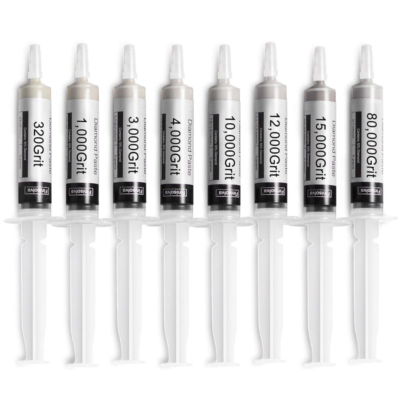 Finisolva 8 Pack Diamond Polishing Compound Genuine 10% Concentration Diamond Paste Kit 80,000 to 320 Grit Lapping Stropping Compound for Glass Watch Metal Knife Ring Jewelry Rock Resin Scratch Remover Repair - Image 1